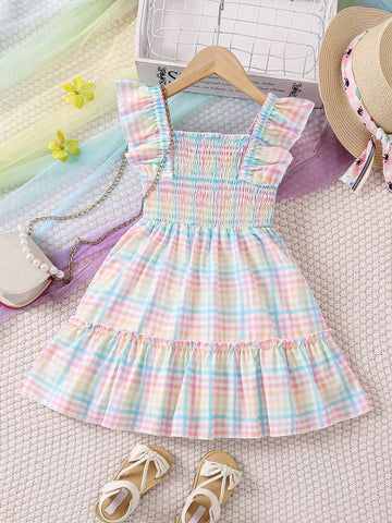 Kids SUNSHNE Young Girl's Plaid Patterned Shirred Panelled Skater Dress
