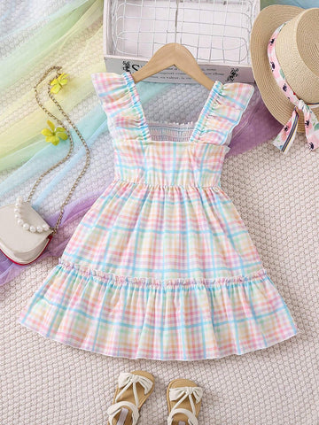 Kids SUNSHNE Young Girl's Plaid Patterned Shirred Panelled Skater Dress