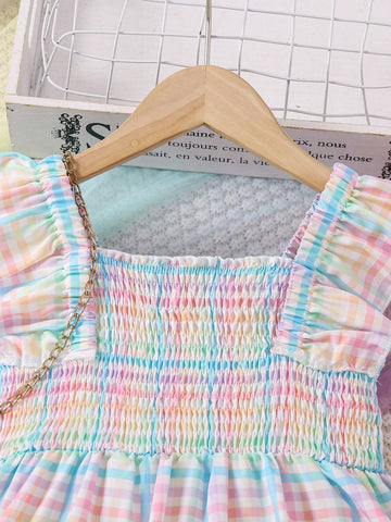 Kids SUNSHNE Young Girl's Plaid Patterned Shirred Panelled Skater Dress