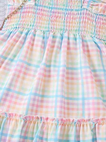 Kids SUNSHNE Young Girl's Plaid Patterned Shirred Panelled Skater Dress