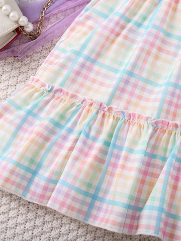 Kids SUNSHNE Young Girl's Plaid Patterned Shirred Panelled Skater Dress