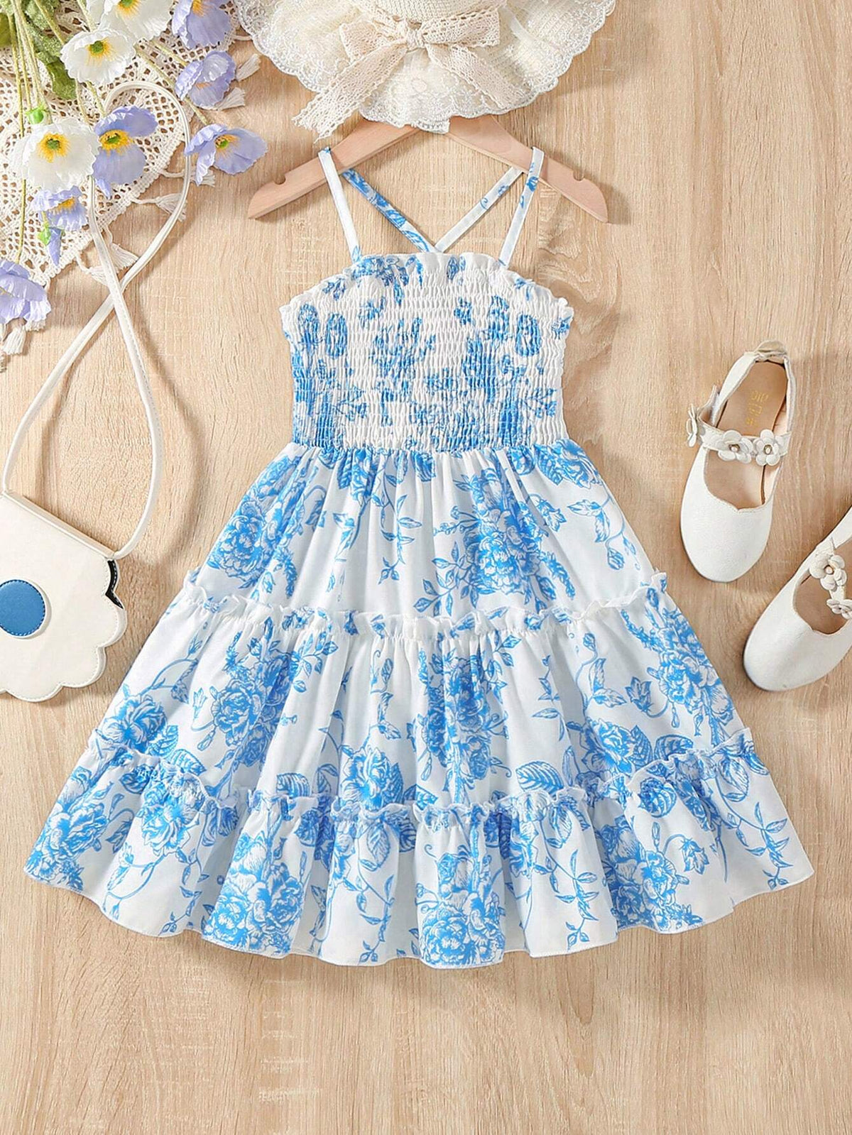 Kids SUNSHNE Young Girl's Romantic Floral Printed Tiered Cami Dress With Ruffles, Sleeveless, Summer