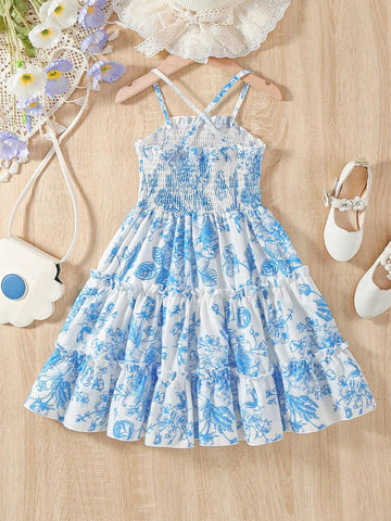 Kids SUNSHNE Young Girl's Romantic Floral Printed Tiered Cami Dress With Ruffles, Sleeveless, Summer