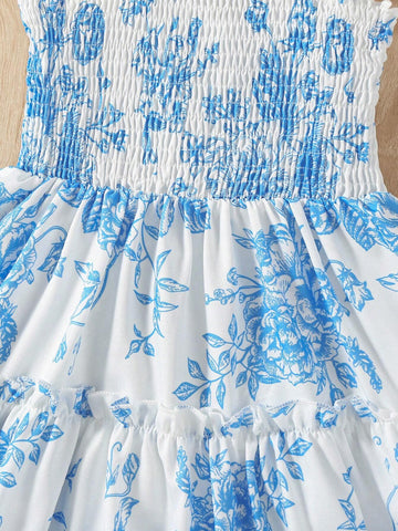 Kids SUNSHNE Young Girl's Romantic Floral Printed Tiered Cami Dress With Ruffles, Sleeveless, Summer