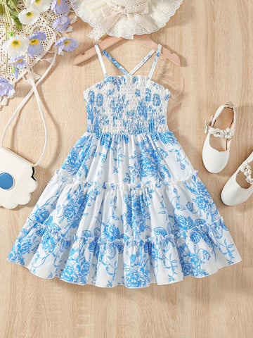 Kids SUNSHNE Young Girl's Romantic Floral Printed Tiered Cami Dress With Ruffles, Sleeveless, Summer