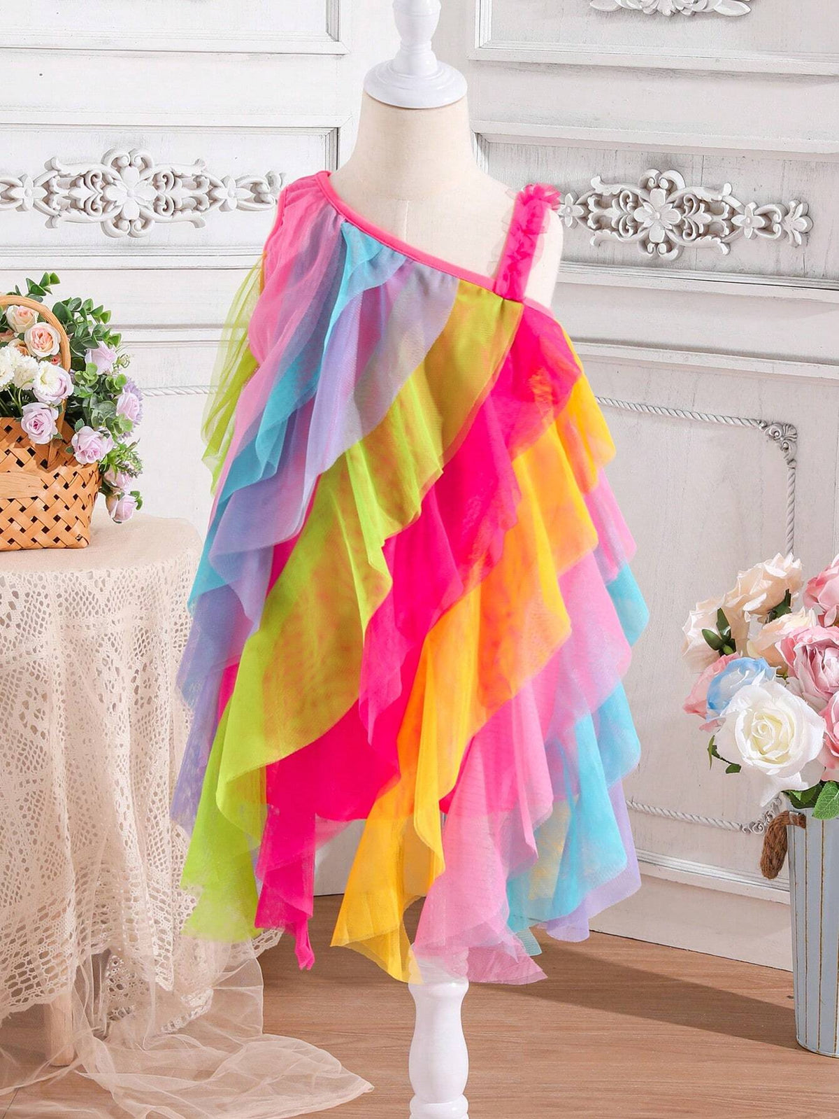 Kids SUNSHNE Young Girls' Summer Gradient Color Layered Mesh Dress With Asymmetrical Neckline And Ruffled Hem
