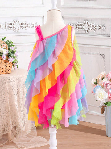 Kids SUNSHNE Young Girls' Summer Gradient Color Layered Mesh Dress With Asymmetrical Neckline And Ruffled Hem