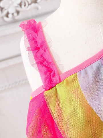 Kids SUNSHNE Young Girls' Summer Gradient Color Layered Mesh Dress With Asymmetrical Neckline And Ruffled Hem