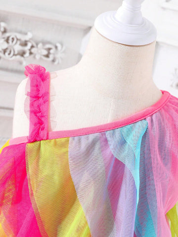 Kids SUNSHNE Young Girls' Summer Gradient Color Layered Mesh Dress With Asymmetrical Neckline And Ruffled Hem