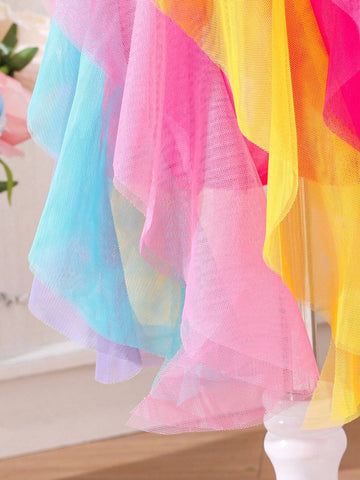 Kids SUNSHNE Young Girls' Summer Gradient Color Layered Mesh Dress With Asymmetrical Neckline And Ruffled Hem