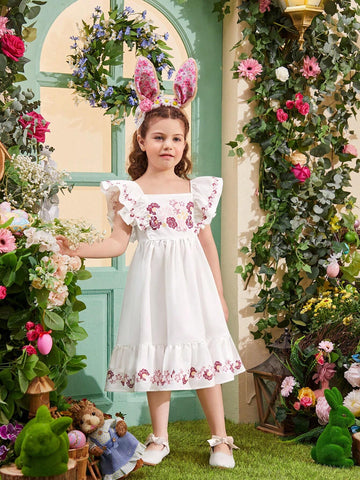 Kids SUNSHNE Young Girls' Woven Floral Printed Square Neckline Loose Casual Dress