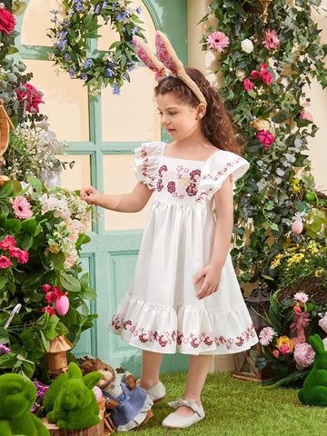 Kids SUNSHNE Young Girls' Woven Floral Printed Square Neckline Loose Casual Dress