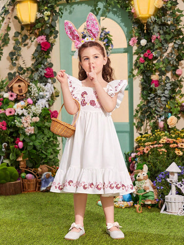 Kids SUNSHNE Young Girls' Woven Floral Printed Square Neckline Loose Casual Dress