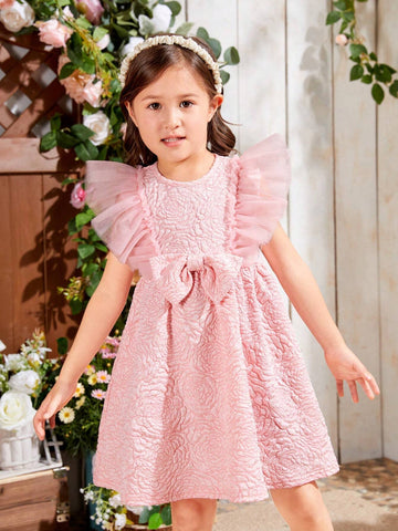 Kids SUNSHNE Young Girl's Woven Jacquard Round Neck Slim Fit Holiday Dress With Mesh Insert