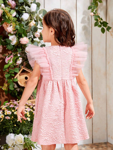 Kids SUNSHNE Young Girl's Woven Jacquard Round Neck Slim Fit Holiday Dress With Mesh Insert