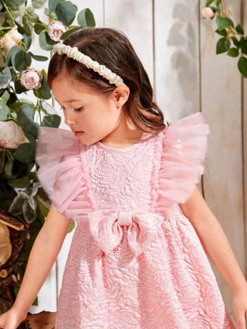 Kids SUNSHNE Young Girl's Woven Jacquard Round Neck Slim Fit Holiday Dress With Mesh Insert