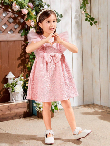 Kids SUNSHNE Young Girl's Woven Jacquard Round Neck Slim Fit Holiday Dress With Mesh Insert