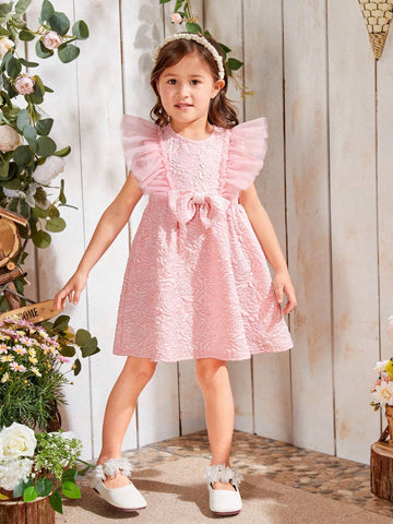 Kids SUNSHNE Young Girl's Woven Jacquard Round Neck Slim Fit Holiday Dress With Mesh Insert