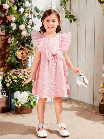 Kids SUNSHNE Young Girl's Woven Jacquard Round Neck Slim Fit Holiday Dress With Mesh Insert