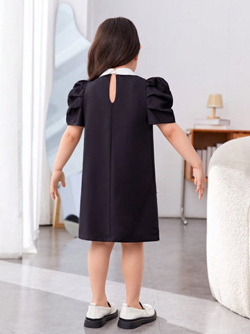 Kids Y2Kool Young Girl's Collar Stand & Colorblock Bubble Sleeve A-Line Dress With Stud Detail