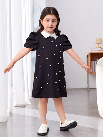 Kids Y2Kool Young Girl's Collar Stand & Colorblock Bubble Sleeve A-Line Dress With Stud Detail