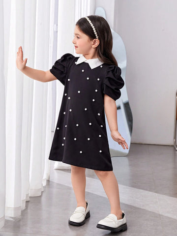 Kids Y2Kool Young Girl's Collar Stand & Colorblock Bubble Sleeve A-Line Dress With Stud Detail