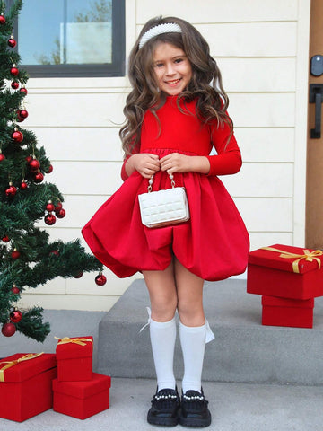 Knit Roundneck Patchwork Woven Lantern Hemline Bodycon Dress For Young Girls