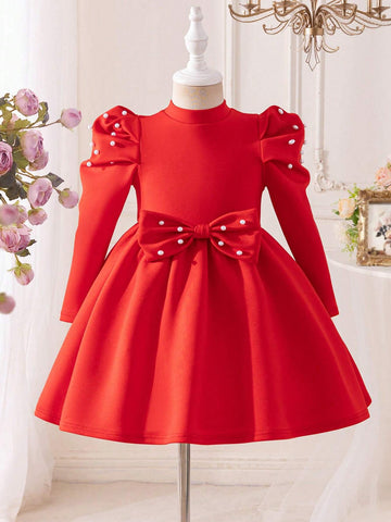 Knit Solid Color Gigot Sleeve Beaded Collar Fitted Casual Dress For Young Girl