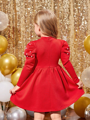 Knit Solid Color Gigot Sleeve Beaded Collar Fitted Casual Dress For Young Girl