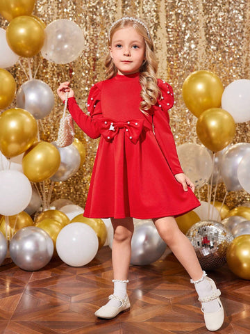 Knit Solid Color Gigot Sleeve Beaded Collar Fitted Casual Dress For Young Girl