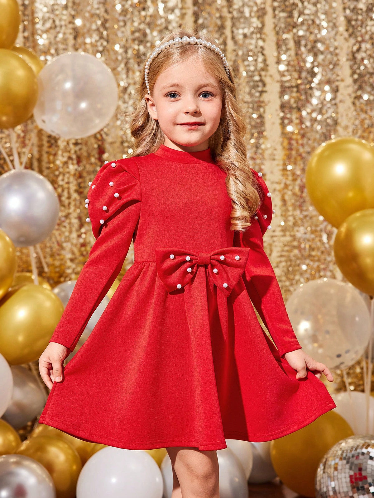 Knit Solid Color Gigot Sleeve Beaded Collar Fitted Casual Dress For Young Girl