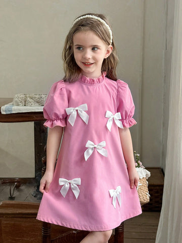 Young Girl Solid Color Stand Collar Puff Sleeve Fitted Casual Dress,