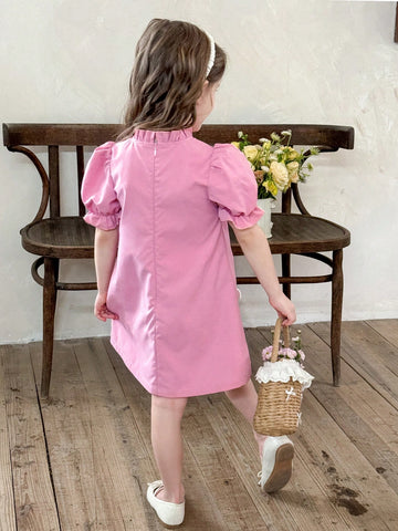 Young Girl Solid Color Stand Collar Puff Sleeve Fitted Casual Dress,