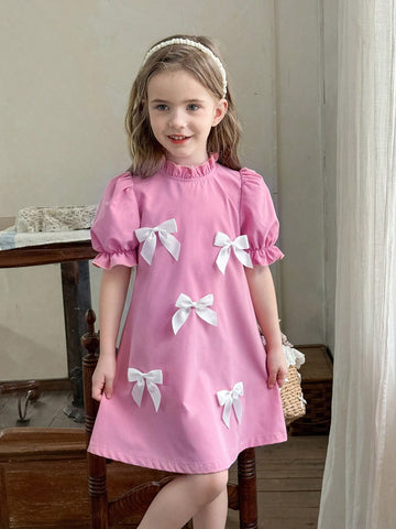 Young Girl Solid Color Stand Collar Puff Sleeve Fitted Casual Dress,