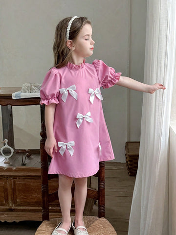 Young Girl Solid Color Stand Collar Puff Sleeve Fitted Casual Dress,