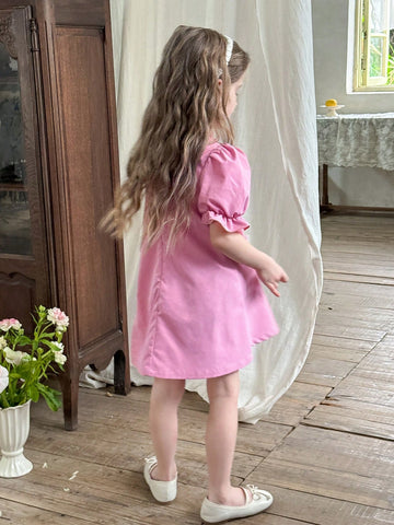 Young Girl Solid Color Stand Collar Puff Sleeve Fitted Casual Dress,