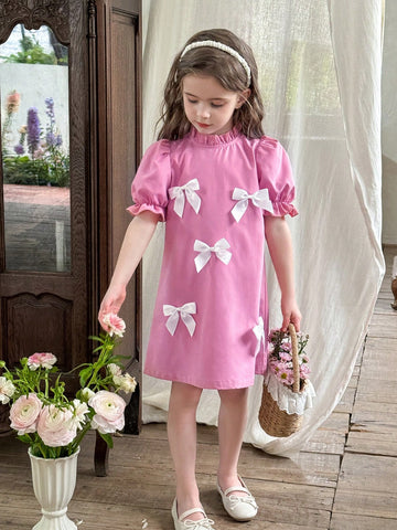 Young Girl Solid Color Stand Collar Puff Sleeve Fitted Casual Dress,