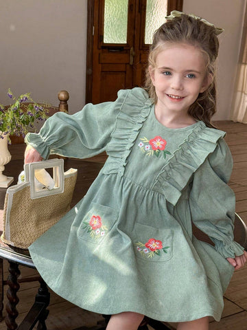 Young Girl Young Girl Woven Solid Color Ruffled Floral Pattern Casual Midi Dress