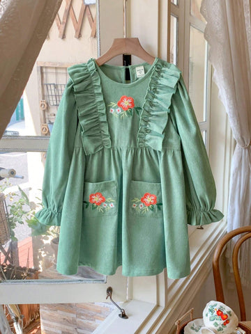 Young Girl Young Girl Woven Solid Color Ruffled Floral Pattern Casual Midi Dress