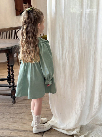 Young Girl Young Girl Woven Solid Color Ruffled Floral Pattern Casual Midi Dress