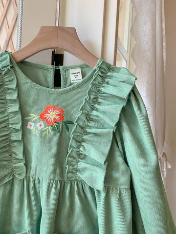 Young Girl Young Girl Woven Solid Color Ruffled Floral Pattern Casual Midi Dress