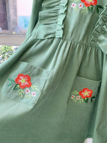 Young Girl Young Girl Woven Solid Color Ruffled Floral Pattern Casual Midi Dress