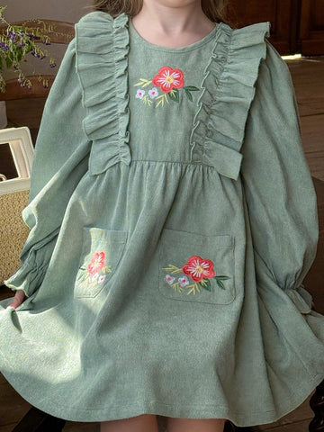 Young Girl Young Girl Woven Solid Color Ruffled Floral Pattern Casual Midi Dress