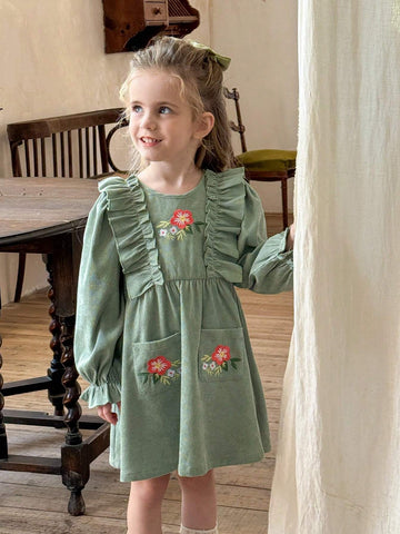 Young Girl Young Girl Woven Solid Color Ruffled Floral Pattern Casual Midi Dress