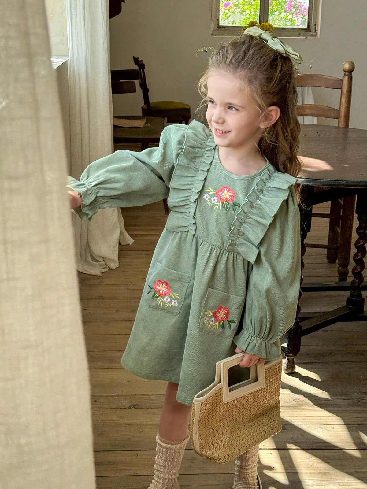 Young Girl Young Girl Woven Solid Color Ruffled Floral Pattern Casual Midi Dress