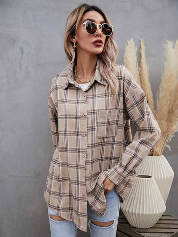 LUNE 1pc Casual Plaid Dropped Shoulder Long Sleeve Shirt, Autumn