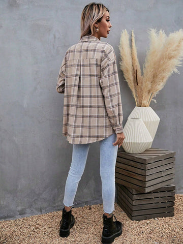LUNE 1pc Casual Plaid Dropped Shoulder Long Sleeve Shirt, Autumn