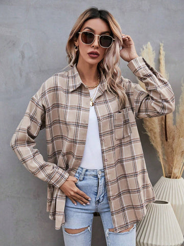 LUNE 1pc Casual Plaid Dropped Shoulder Long Sleeve Shirt, Autumn