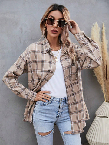 LUNE 1pc Casual Plaid Dropped Shoulder Long Sleeve Shirt, Autumn