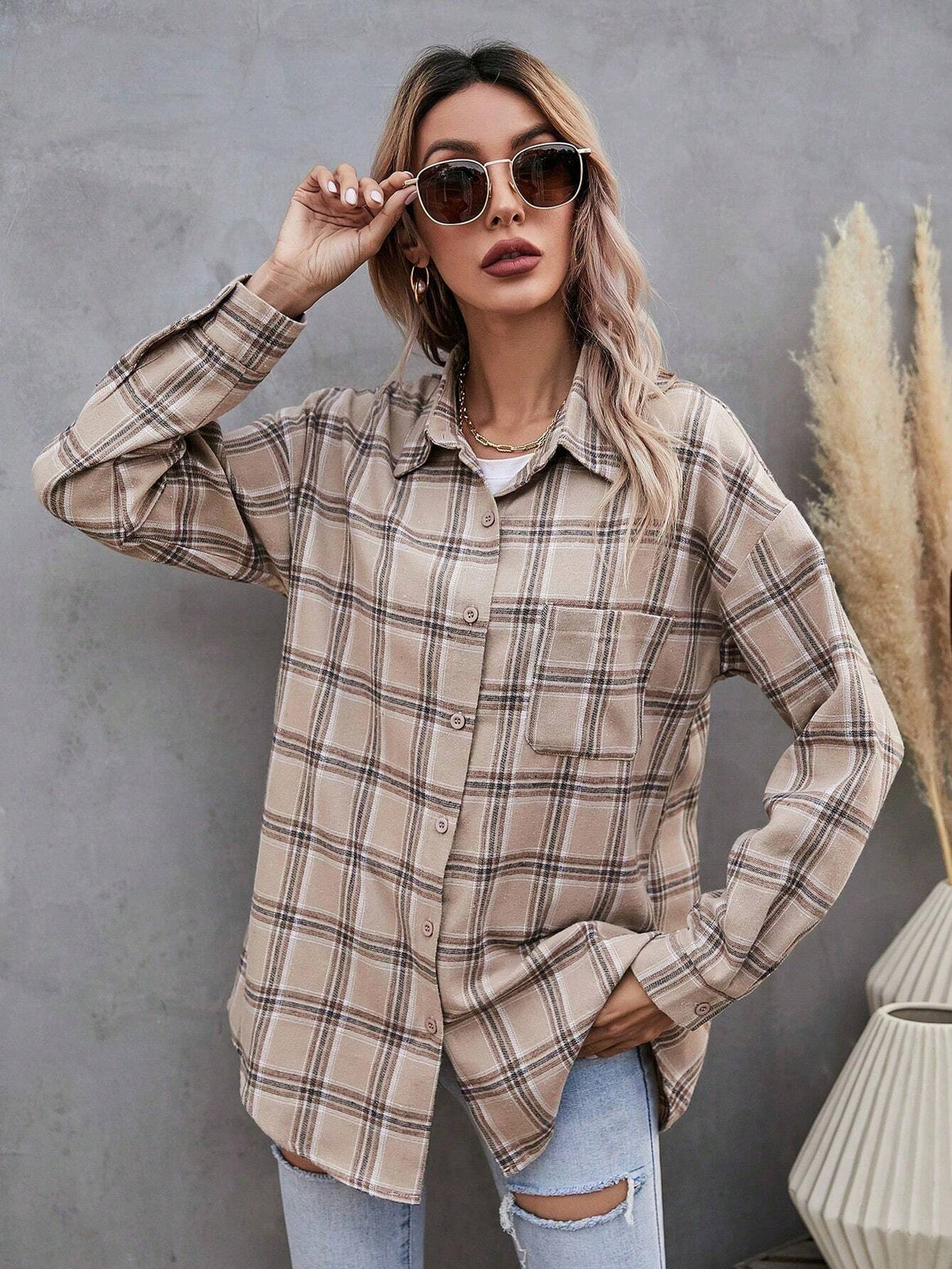 LUNE 1pc Casual Plaid Dropped Shoulder Long Sleeve Shirt, Autumn